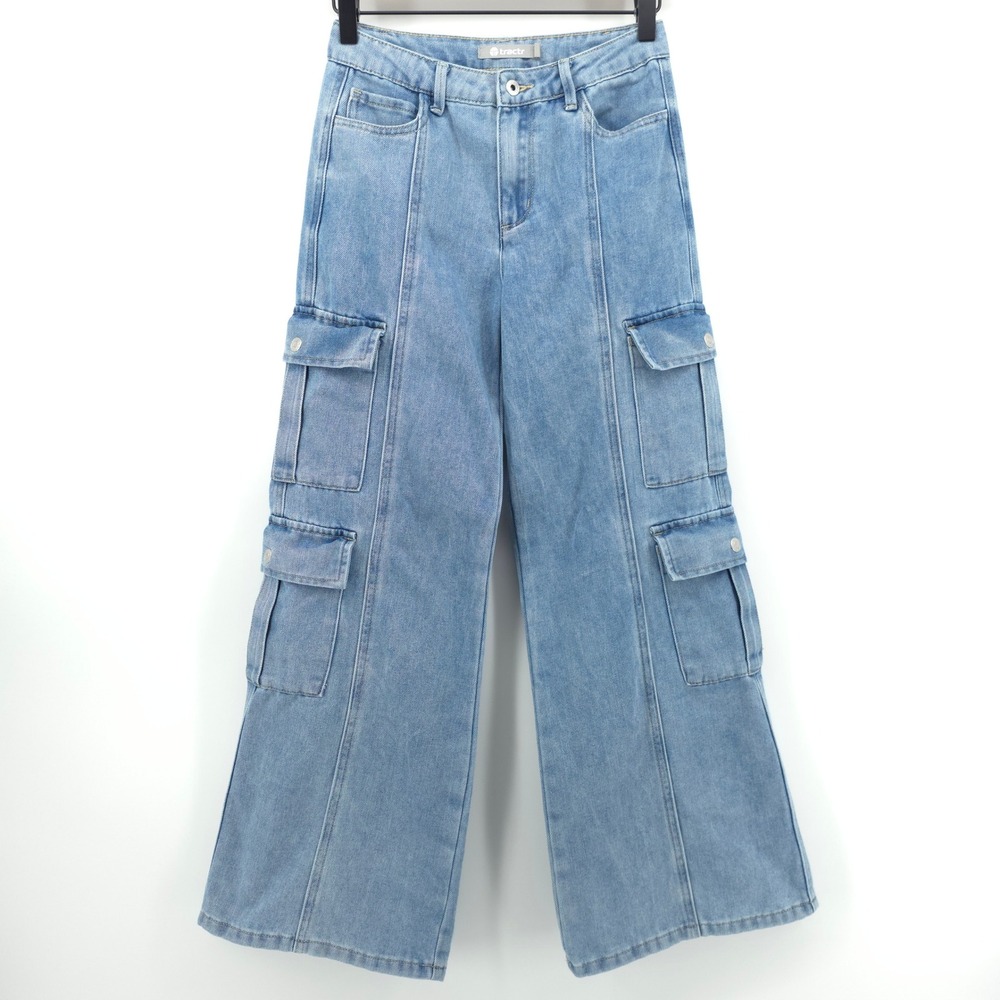 Tractr Womens Cargo Jeans Wide Leg Size 14 Light Wash Blue Utility‎ Denim 23146